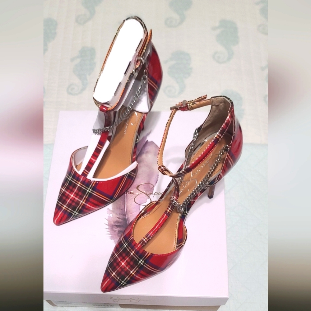 Jessica Simpson Wintelle Red Combo Academy Plaid Pumps Shoes Heels Size 8, NIB